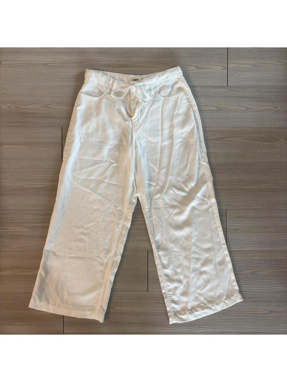 OAT New York White Wide Leg Cropped Pants Tie Waist 100% Lyocell Sz 2 26
